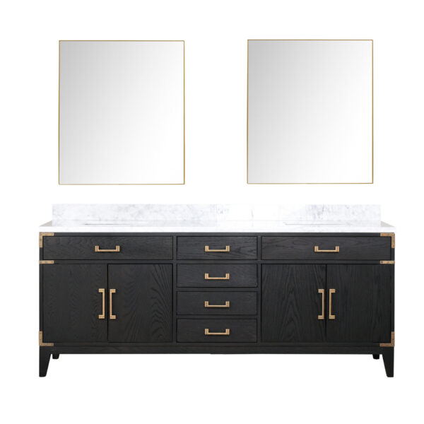 Laurel 80W x 22D Black Oak Double Bath Vanity, Carrara Marble Top, and 36Mirrors