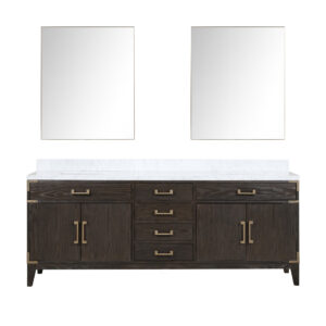 Laurel 84W x 22D Brown Oak Double Bath Vanity, Carrara Marble Top, and 36Mirrors