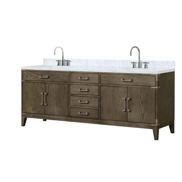 Laurel 84W x 22D Grey Oak Double Bath Vanity, Carrara Marble Top, and Faucet Set