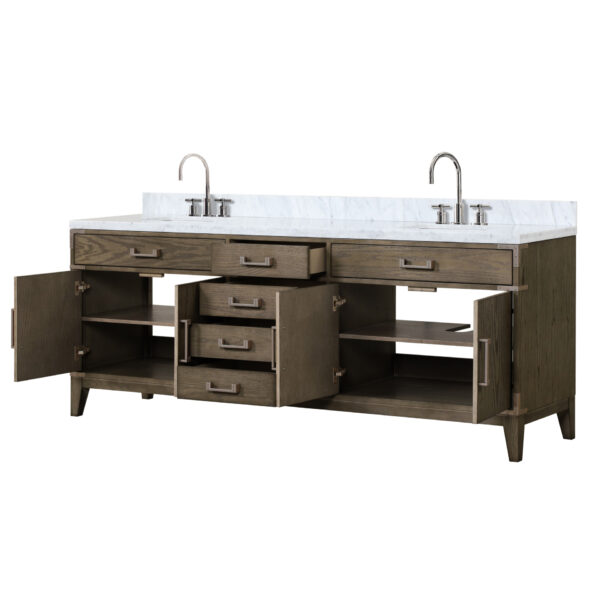 Laurel 84W x 22D Grey Oak Double Bath Vanity, Carrara Marble Top, and Faucet Set