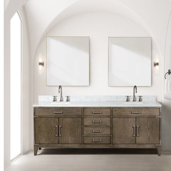 Laurel 84W x 22D Grey Oak Double Bath Vanity and Carrara Marble Top