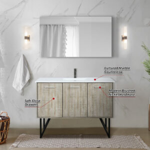 Lancy 48W x 20D Rustic Acacia Bath Vanity, Cultured Marble Top and Gun Metal Faucet Set