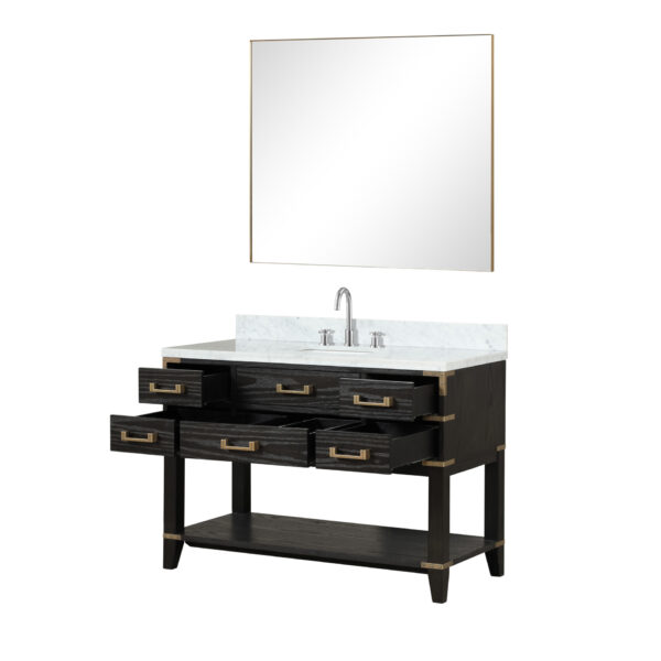 Norwalk 48W x 22D Black Oak Single Bath Vanity, Carrara Marble Top, Faucet Set, and 46Mirror