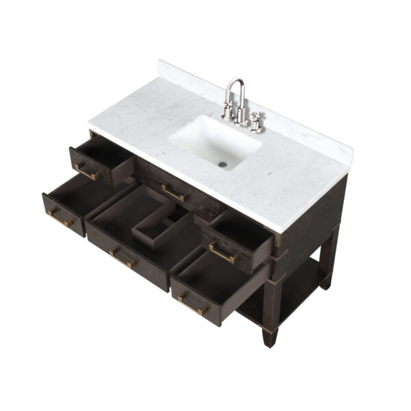 Norwalk 48W x 22D Brown Oak Single Bath Vanity, Carrara Marble Top, Faucet Set, and 46Mirror