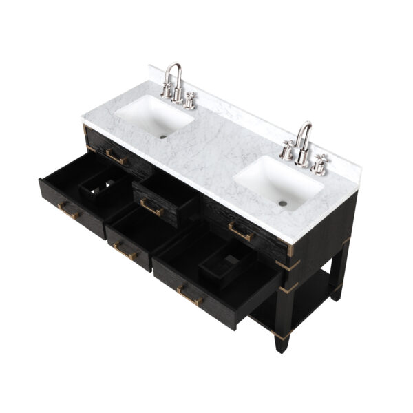 Norwalk 60W x 22D Black Oak Double Bath Vanity, Carrara Marble Top, and Faucet Set