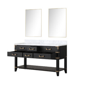 Norwalk 60W x 22D Black Oak Double Bath Vanity, Carrara Marble Top, and 28Mirrors