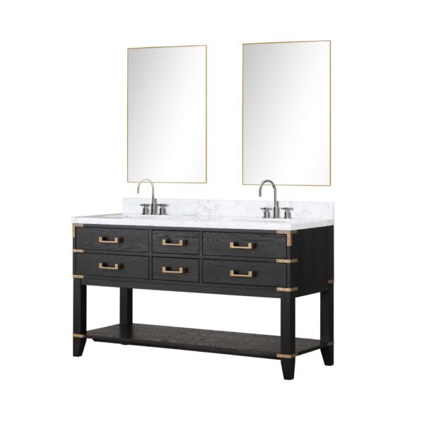 Norwalk 60W x 22D Black Oak Double Bath Vanity, Carrara Marble Top, Faucet Set, and 28Mirrors