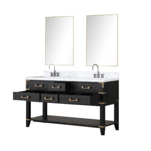 Norwalk 60W x 22D Black Oak Double Bath Vanity, Carrara Marble Top, Faucet Set, and 28Mirrors