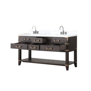 Norwalk 60W x 22D Brown Oak Double Bath Vanity, Carrara Marble Top, and Faucet Set