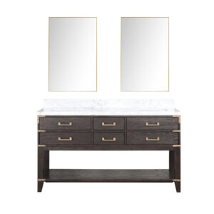 Norwalk 60W x 22D Brown Oak Double Bath Vanity, Carrara Marble Top, and 28Mirrors