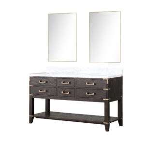 Norwalk 60W x 22D Brown Oak Double Bath Vanity, Carrara Marble Top, and 28Mirrors