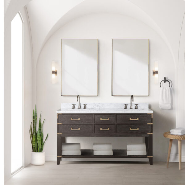 Norwalk 60W x 22D Brown Oak Double Bath Vanity and Carrara Marble Top