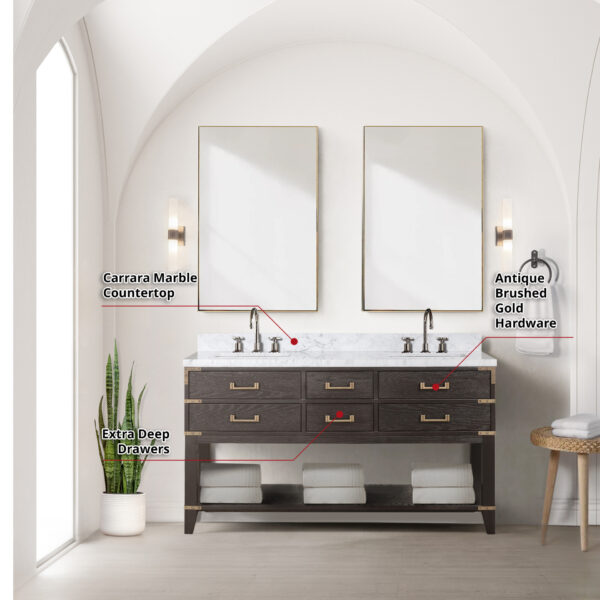 Norwalk 60W x 22D Brown Oak Double Bath Vanity and Carrara Marble Top