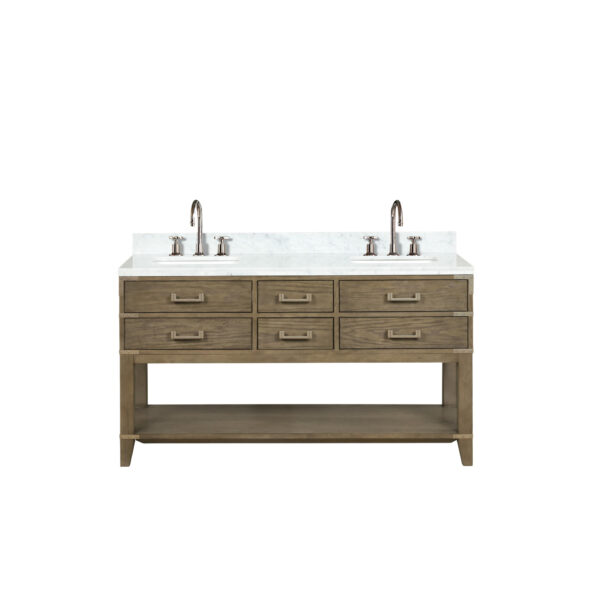 Norwalk 60W x 22D Grey Oak Double Bath Vanity, Carrara Marble Top, and Faucet Set