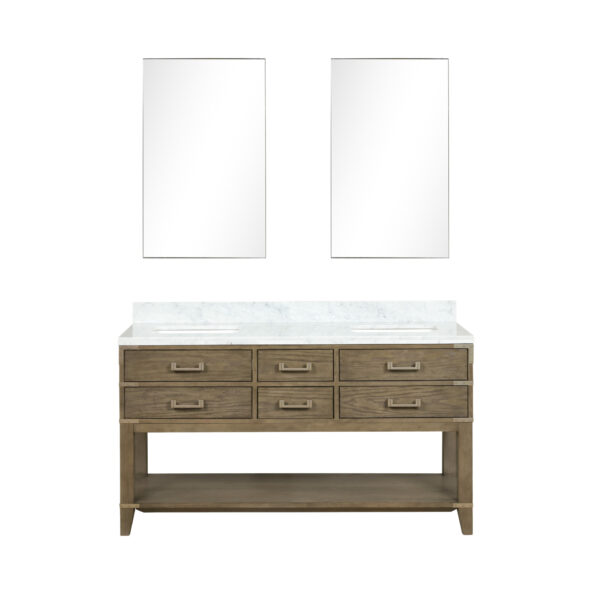 Norwalk 60W x 22D Grey Oak Double Bath Vanity, Carrara Marble Top, and 28Mirrors