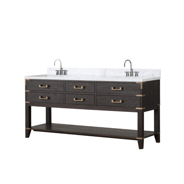 Norwalk 72W x 22D Brown Oak Double Bath Vanity, Carrara Marble Top, and Faucet Set