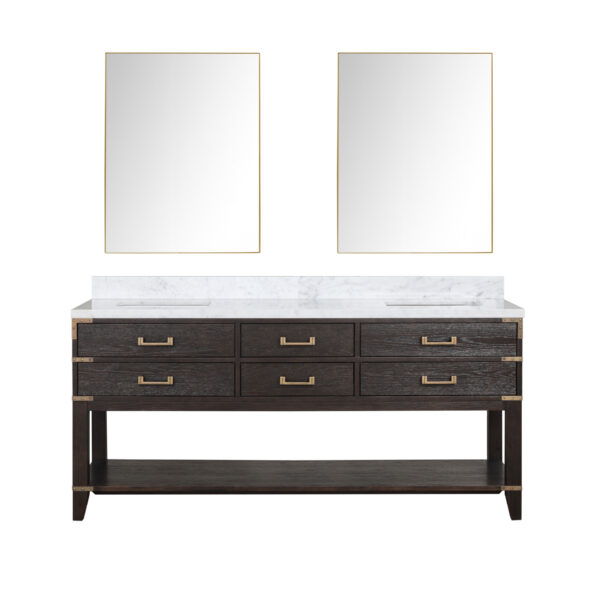 Norwalk 72W x 22D Brown Oak Double Bath Vanity, Carrara Marble Top, and 34Mirrors