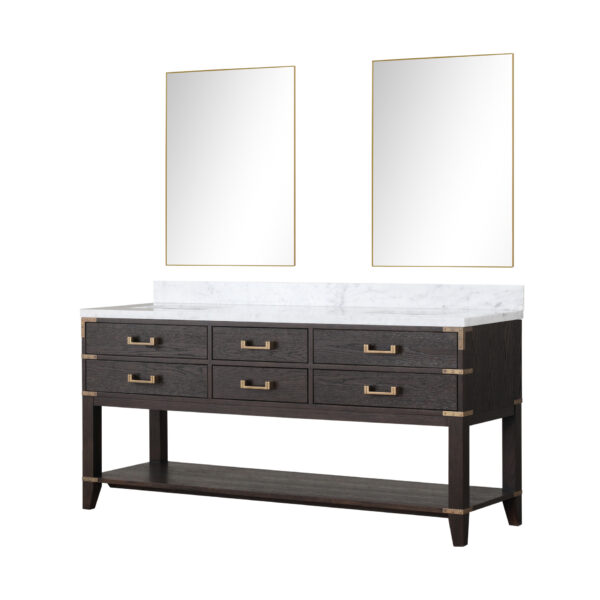 Norwalk 72W x 22D Brown Oak Double Bath Vanity, Carrara Marble Top, and 34Mirrors