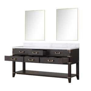 Norwalk 72W x 22D Brown Oak Double Bath Vanity, Carrara Marble Top, and 34Mirrors