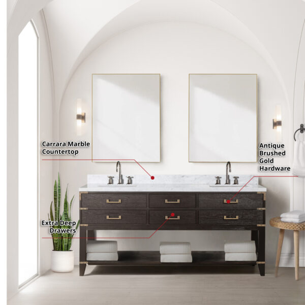 Norwalk 72W x 22D Brown Oak Double Bath Vanity and Carrara Marble Top