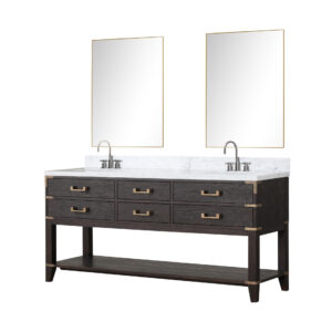 Norwalk 72W x 22D Brown Oak Double Bath Vanity, Carrara Marble Top, Faucet Set, and 34Mirrors