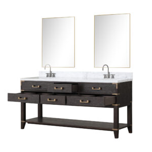 Norwalk 72W x 22D Brown Oak Double Bath Vanity, Carrara Marble Top, Faucet Set, and 34Mirrors