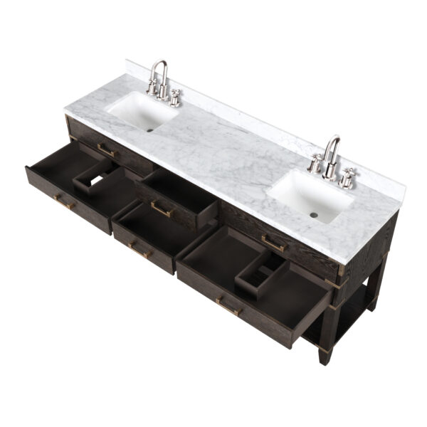 Norwalk 80W x 22D Brown Oak Double Bath Vanity, Carrara Marble Top, and Faucet Set