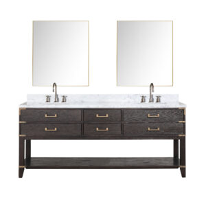 Norwalk 80W x 22D Brown Oak Double Bath Vanity, Carrara Marble Top, Faucet Set, and 36Mirrors