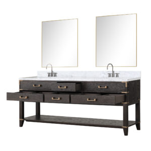 Norwalk 80W x 22D Brown Oak Double Bath Vanity, Carrara Marble Top, Faucet Set, and 36Mirrors