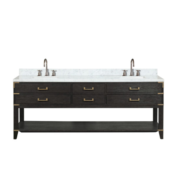 Norwalk 84W x 22D Black Oak Double Bath Vanity, Carrara Marble Top, and Faucet Set