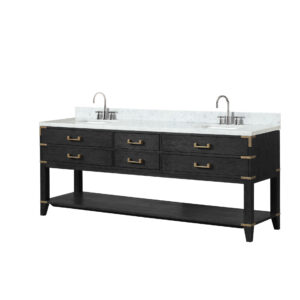 Norwalk 84W x 22D Black Oak Double Bath Vanity, Carrara Marble Top, and Faucet Set