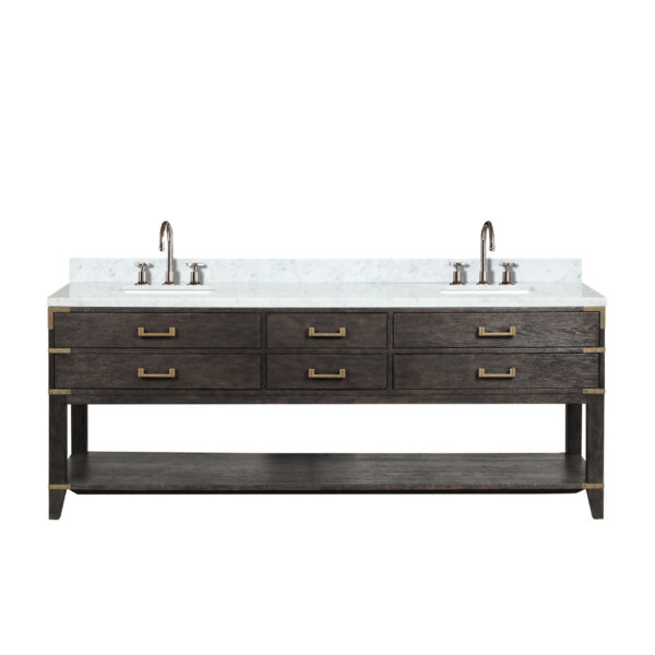 Norwalk 84W x 22D Brown Oak Double Bath Vanity, Carrara Marble Top, and Faucet Set