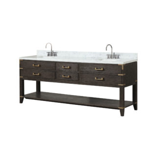 Norwalk 84W x 22D Brown Oak Double Bath Vanity, Carrara Marble Top, and Faucet Set