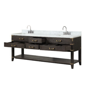 Norwalk 84W x 22D Brown Oak Double Bath Vanity, Carrara Marble Top, and Faucet Set