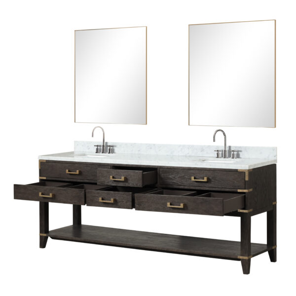 Norwalk 84W x 22D Brown Oak Double Bath Vanity, Carrara Marble Top, Faucet Set, and 36Mirrors