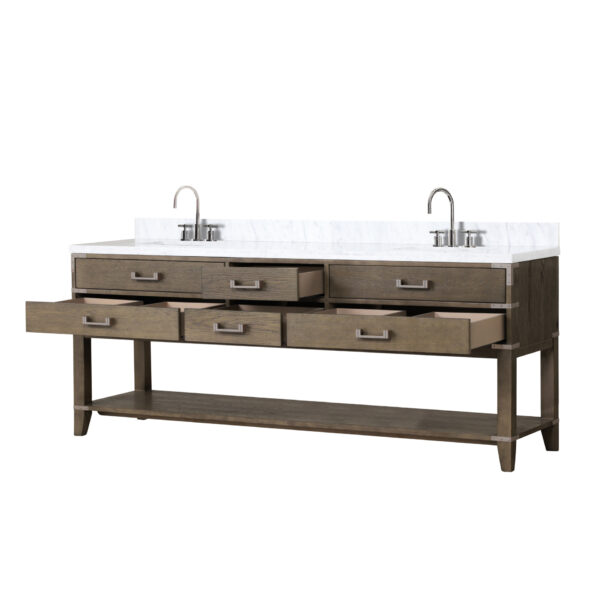 Norwalk 84W x 22D Grey Oak Double Bath Vanity, Carrara Marble Top, and Faucet Set