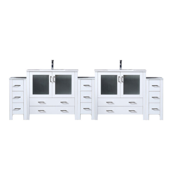 Volez 108W x 18.25D White Double Bath Vanity with Side Cabinets, White Ceramic Top, and Faucet Set