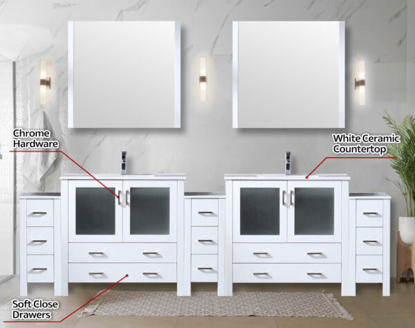 Volez 108W x 18.25D White Double Bath Vanity with Side Cabinets, and White Ceramic Top