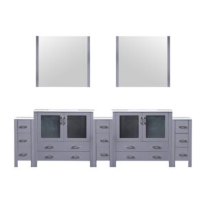 Volez 108W x 18.25D Dark Grey Double Bath Vanity with Side Cabinets, White Ceramic Top, and 34Mirrors