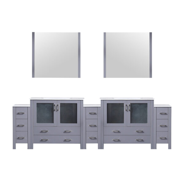 Volez 108W x 18.25D Dark Grey Double Bath Vanity with Side Cabinets, White Ceramic Top, and 34Mirrors