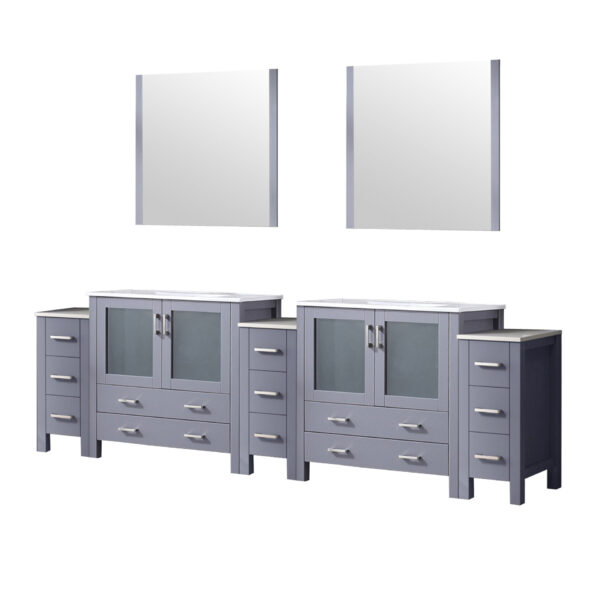 Volez 108W x 18.25D Dark Grey Double Bath Vanity with Side Cabinets, White Ceramic Top, and 34Mirrors