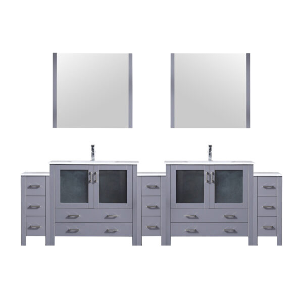 Volez 108W x 18.25D Dark Grey Double Bath Vanity with Side Cabinets, White Ceramic Top, 34Mirrors, and Faucet Set