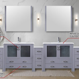 Volez 108W x 18.25D Dark Grey Double Bath Vanity with Side Cabinets, and White Ceramic Top