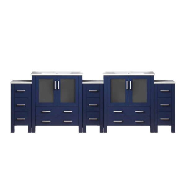 Volez 108W x 18.25D Navy Blue Double Bath Vanity with Side Cabinets, and White Ceramic Top