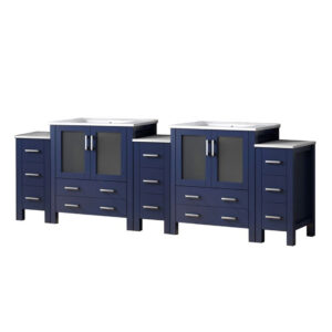 Volez 108W x 18.25D Navy Blue Double Bath Vanity with Side Cabinets, and White Ceramic Top