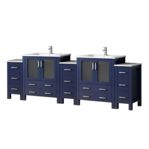 Volez 108W x 18.25D Navy Blue Double Bath Vanity with Side Cabinets, White Ceramic Top, and Faucet Set