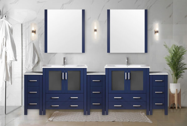 Volez 108W x 18.25D Navy Blue Double Bath Vanity with Side Cabinets, and White Ceramic Top