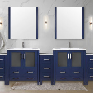 Volez 108W x 18.25D Navy Blue Double Bath Vanity with Side Cabinets, and White Ceramic Top