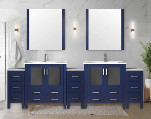 Volez 108W x 18.25D Navy Blue Double Bath Vanity with Side Cabinets, and White Ceramic Top