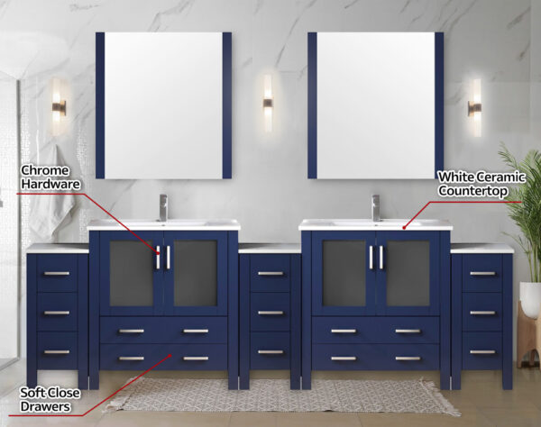 Volez 108W x 18.25D Navy Blue Double Bath Vanity with Side Cabinets, and White Ceramic Top